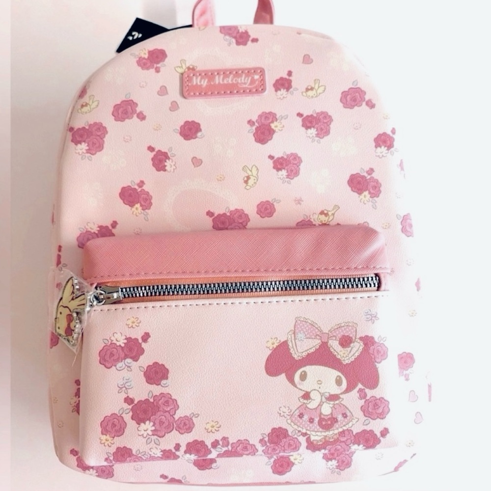 NWT Bioworld Pink My Melody backpack with roses and bird charm.Hello Kitty